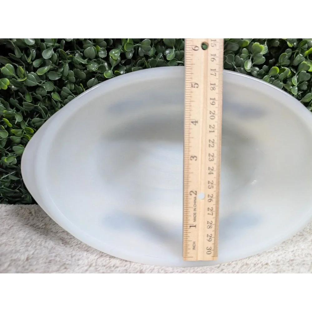 Vtg Glasbake Currier & Ives Blue Steamboat Milk Glass Oval Casserole Dish w/ Lid